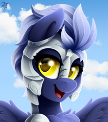 Size: 2400x2700 | Tagged: safe, artist:rainbowfire, derpibooru import, oc, oc only, pegasus, pony, armor, armored pony, cute, female, golden eyes, jewelry, looking at you, mare, open mouth, simple background, sky, smiling, solo, spread wings, wings