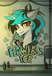 Size: 2100x3019 | Tagged: safe, artist:chamommile, derpibooru import, oc, oc only, oc:flawless ice, pony, unicorn, blue mane, city, clothes, commission, cyber eyes, ear fluff, ears, golden eyes, graffiti, horn, light skin, looking at someone, looking at you, ponytail, smiling, smiling at you, solo, two toned hair, unicorn oc, ych result