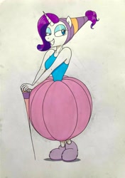 Size: 2464x3500 | Tagged: safe, artist:killerteddybear94, derpibooru import, rarity, anthro, bedroom eyes, clothes, cosplay, costume, crossover, pincushion, seductive look, slippers, smiling, thumbelina (1994), traditional art