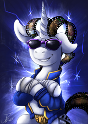 Size: 1728x2433 | Tagged: safe, artist:jamescorck, derpibooru import, oc, oc:movie slate, pony, unicorn, clothes, cosplay, costume, female, johnny cage, mare, mortal kombat, solo, sunglasses