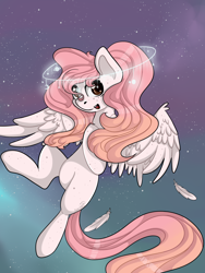 Size: 1500x2000 | Tagged: safe, artist:milkusy, derpibooru import, oc, oc only, pegasus, pony, female, flying, looking at you, mare, nimbus, open mouth, pegasus oc, solo, space, wings