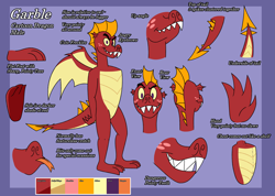 Size: 5615x4000 | Tagged: safe, artist:aaron amethyst, derpibooru import, garble, dragon, fangs, freckles, male, reference sheet, solo, text, wings