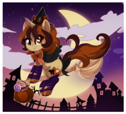 Size: 2677x2415 | Tagged: safe, artist:spookyle, derpibooru import, oc, oc:pumpkin patch, pony, unicorn, broom, female, hat, mare, solo, witch hat