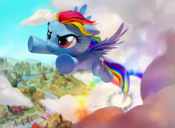 Size: 3334x2449 | Tagged: safe, artist:john thacker, derpibooru import, rainbow dash, pegasus, bridge, cloud, female, flying, house, magic the gathering, mare, mill, official, outdoors, ponies the galloping, ponyville, river, smiling, solo, sonic rainboom, tree, water, windmill