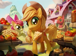 Size: 3334x2449 | Tagged: safe, artist:john thacker, derpibooru import, apple bloom, applejack, big macintosh, earth pony, apple, apple pie, barn, barrel, bucket, cloud, fence, flower, food, hill, looking at you, magic the gathering, offering, official, outdoors, pie, pie slice, ponies the galloping, slice, sweet apple acres, table, tree