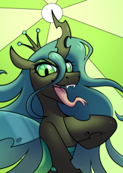 Size: 1115x1572 | Tagged: source needed, safe, artist:rtootb, derpibooru import, queen chrysalis, changeling, changeling queen, g4, blue mane, fanart, fangs, female, forked tongue, green background, green eyes, halfbody, looking at you, mare, open mouth, simple background, smiling, solo, spread wings, tongue, tongue out, transparent wings, wings