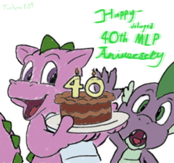 Size: 3072x2880 | Tagged: safe, artist:tarkan809, derpibooru exclusive, derpibooru import, spike, spike (g1), dragon, g1, cake, candle, digital art, food, mlp fim's thirteenth anniversary, open mouth, simple background, white background