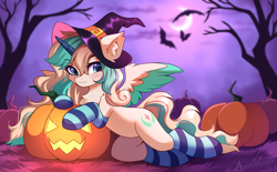 Size: 3489x2160 | Tagged: safe, artist:airiniblock, derpibooru import, oc, oc only, alicorn, bat, pony, belly, clothes, commission, ear fluff, ears, halloween, hat, high res, holiday, hut, jack-o-lantern, moon, night, pumpkin, rcf community, round belly, socks, solo, striped socks, tree, witch hat, ych result