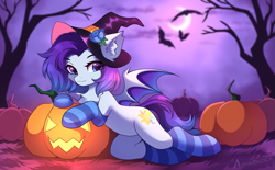 Size: 3489x2160 | Tagged: safe, artist:airiniblock, derpibooru import, oc, oc only, oc:vampie, bat, bat pony, pony, belly, clothes, commission, ear fluff, ears, halloween, hat, high res, holiday, hut, jack-o-lantern, moon, night, pumpkin, rcf community, round belly, socks, solo, striped socks, tree, witch hat, ych result