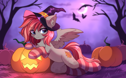 Size: 3489x2160 | Tagged: safe, artist:airiniblock, derpibooru import, oc, oc only, bat, pegasus, pony, belly, clothes, commission, ear fluff, ears, halloween, hat, high res, holiday, hut, jack-o-lantern, moon, night, pegasus oc, pumpkin, rcf community, round belly, socks, solo, striped socks, tree, witch hat, ych result