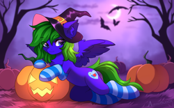 Size: 3489x2160 | Tagged: safe, artist:airiniblock, derpibooru import, oc, oc only, bat, pegasus, pony, belly, clothes, commission, ear fluff, ears, halloween, hat, high res, holiday, hut, jack-o-lantern, moon, night, pegasus oc, pumpkin, rcf community, round belly, socks, solo, striped socks, tree, witch hat, ych result