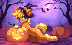 Size: 3489x2160 | Tagged: safe, artist:airiniblock, derpibooru import, oc, oc only, bat, earth pony, pegasus, pony, belly, clothes, commission, ear fluff, ears, halloween, hat, high res, holiday, hut, jack-o-lantern, moon, night, pegasus oc, pumpkin, rcf community, round belly, socks, solo, striped socks, tree, witch hat, ych result