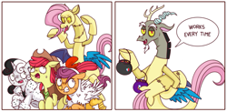 Size: 1031x508 | Tagged: safe, artist:syxpack, derpibooru import, apple bloom, discord, scootaloo, sweetie belle, bird, chicken, earth pony, pegasus, pony, troll, unicorn, 101 dalmatians, 2 panel comic, animal costume, applejack's hat, breaking the fourth wall, candy, chicken suit, clothes, comic, commission, commissioner:zcord, costume, cowboy, cowboy hat, cruella de vil, cutie mark crusaders, discord being discord, fangs, fluttershy suit, food, halloween, hat, holiday, implied applejack, implied lesbian, implied rainbow dash, implied rarijack, implied rarity, implied shipping, pumpkin bucket, running, scaring, scootachicken, simple background, sweat, talking to viewer, white background