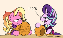 Size: 2124x1276 | Tagged: safe, artist:bobthedalek, derpibooru import, luster dawn, starlight glimmer, pony, unicorn, clothes, daughters gonna daughter, female, halloween, holiday, jack-o-lantern, luster dawn is starlight's and sunburst's daughter, mare, mother and child, mother and daughter, older, older starlight glimmer, parent and child, parent:starlight glimmer, parent:sunburst, parents:starburst, pumpkin, pumpkin carving, smug, starlight glimmer is not amused, sweater, unamused