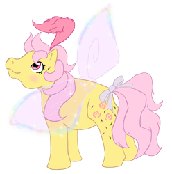 Size: 3472x3504 | Tagged: safe, artist:mjangelvortex, derpibooru import, queen rosedust, rosedust, flutter pony, g1, bow, digital art, feather, female, glowing, glowing wings, insect wings, looking up, mare, mlp fim's thirteenth anniversary, simple background, smiling, sparkles, tail, tail bow, transparent background, transparent wings, wings, wip