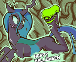 Size: 2428x1978 | Tagged: safe, artist:yidwags, derpibooru import, queen chrysalis, changeling, changeling queen, anatomically incorrect, crocs, halloween, halloween 2023, holiday, incorrect leg anatomy, lying down, solo, text, tongue, tongue out