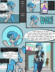 Size: 2550x3300 | Tagged: safe, artist:vareb, derpibooru import, oc, oc only, oc:tango starfall, anthro, pony, unicorn, annoyed, belt, blue eyes, blue hair, blue mane, blue tail, building, clothes, comic, complaining, dialogue, female, grumpy, hand, horn, jacket, leather, leather jacket, lounging, mare, offscreen character, potion, science fiction, smiling, speech bubble, tail, text, transformation, unicorn oc, walking