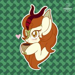 Size: 1920x1920 | Tagged: safe, artist:theratedrshimmer, derpibooru import, autumn blaze, kirin, pony, abstract background, awwtumn blaze, blushing, cup, cute, cuteness overload, female, heart, kirinbetes, one eye closed, patterned background, smiling, solo, teacup, white outline, wink