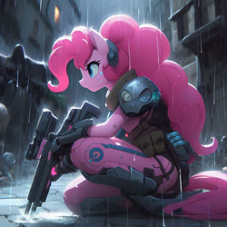 Size: 894x894 | Tagged: safe, ai content, artist:pianisti, derpibooru import, machine learning generated, pinkie pie, anthro, cyborg, earth pony, pony, armor, female, gun, mare, rain, solo, weapon