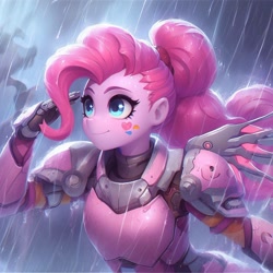 Size: 1024x1024 | Tagged: safe, ai content, artist:pianisti, derpibooru import, machine learning generated, pinkie pie, human, equestria girls, armor, clothes, female, rain, smiling, solo, suit