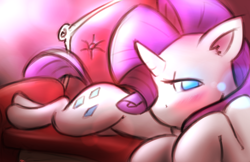 Size: 3000x1941 | Tagged: safe, artist:taps, derpibooru import, rarity, pony, unicorn, blushing, fainting couch, female, head turn, high res, lying down, mare, prone, sofa, solo