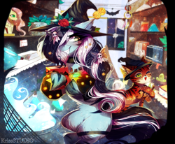 Size: 4084x3359 | Tagged: safe, artist:krissstudios, derpibooru import, oc, oc only, oc:meowmix, oc:purapoint, cat, earth pony, pony, clothes, costume, cute, detailed background, earth pony oc, halloween, halloween costume, holiday, pony oc