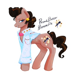 Size: 3600x3600 | Tagged: safe, artist:fhroggy, derpibooru import, oc, oc only, oc:peanut butter banana pie, earth pony, pony, clothes, ear piercing, earring, elvis presley, jacket, jewelry, lidded eyes, looking at you, male, name, offspring, parent:cheese sandwich, parent:pinkie pie, parents:cheesepie, piercing, simple background, solo, stallion, transparent background