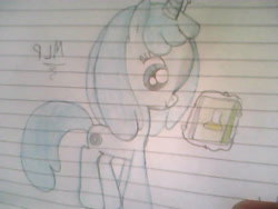 Size: 640x480 | Tagged: safe, artist:arts48, derpibooru import, pony, unicorn, g4, aura, beaker, book, colored pencil drawing, female, jelly jamm, lined paper, magic, magic aura, mare, mina (jelly jamm), ponified, rule 85, scrapbook, simple background, smiling, solo, species swap, telekinesis, traditional art, unshorn fetlocks