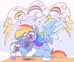 Size: 1530x1272 | Tagged: safe, artist:burgivore, derpibooru import, rainbow dash, pegasus, pony, adderall, drugs, glass, glass of water, hooves, looking down, pills, solo, tongue, tongue out, wings