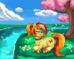 Size: 2500x2000 | Tagged: safe, artist:zendora, derpibooru import, oc, oc only, bee, butterfly, earth pony, insect, pony, cherry blossoms, commission, cute, female, flower, flower blossom, forest, forest background, mare, river, water