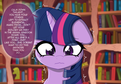 Size: 5750x4036 | Tagged: safe, artist:darkstorm mlp, derpibooru import, part of a set, twilight sparkle, unicorn twilight, pony, unicorn, bookshelf, ears, female, floppy ears, mare, talking to herself, trembling