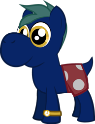 Size: 493x640 | Tagged: safe, artist:j-yoshi64, derpibooru import, oc, oc only, earth pony, hybrid, pony, blue coat, clothes, colt, foal, golden eyes, green mane, male, polka dots, ponified, reference to another series, shorts, show accurate, simple background, solo, species swap, three quarter view, transparent background, watch, wristwatch, yoshi