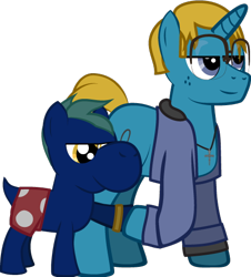 Size: 472x521 | Tagged: safe, artist:j-yoshi64, derpibooru import, oc, oc only, oc:j-pony64, earth pony, human, hybrid, pony, unicorn, blonde, blonde hair, blue coat, clothes, colt, cross, cross necklace, denim, denim jacket, eyeroll, father and child, father and son, foal, green mane, hoofbump, human in equestria, jacket, jewelry, lidded eyes, male, necklace, parent and child, polka dots, ponified, reference to another series, self insert, shorts, show accurate, simple background, smiling, smirk, species swap, stallion, transparent background, watch, wristwatch, yoshi