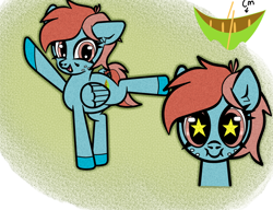 Size: 1300x1000 | Tagged: safe, artist:scandianon, derpibooru import, oc, oc only, oc:tippy canoe, pegasus, pony, bust, cutie mark, female, freckles, looking at you, mare, open mouth, pose, raised hoof, raised leg, smiling, starry eyes, wingding eyes