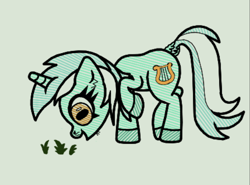 Size: 560x415 | Tagged: safe, artist:scandianon, derpibooru import, lyra heartstrings, pony, unicorn, dock, female, grass, grazing, hoers, hooves, horses doing horse things, mare, open mouth, open smile, raised hoof, raised leg, rectangular pupil, simple background, smiling, tail, white background