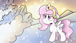 Size: 1920x1080 | Tagged: safe, artist:rosexknight, derpibooru import, princess celestia, alicorn, pony, cewestia, crown, female, filly, foal, jewelry, open mouth, regalia, sad, snow, solo, younger