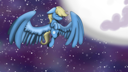 Size: 1920x1080 | Tagged: safe, artist:theartistsora, derpibooru import, oc, oc only, oc:synthis, pegasus, pony, eyes closed, flying, hooves to the chest, large wings, male, moon, solo, spread wings, stallion, stars, wings