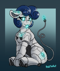 Size: 1654x1964 | Tagged: safe, artist:reddthebat, derpibooru import, oc, oc only, oc:syn (reddthebat), earth pony, pony, robot, robot pony, border, ears, female, floppy ears, glowing, gradient background, lidded eyes, mare, signature, sitting, solo, tongue, tongue out