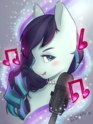Size: 1670x2207 | Tagged: safe, artist:whyomnichan, derpibooru import, coloratura, earth pony, pony, blushing, bust, female, jewelry, mare, microphone, music notes, necklace, open mouth, open smile, pearl necklace, portrait, rara, signature, smiling, solo