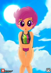 Size: 1413x2000 | Tagged: safe, artist:minusclass, derpibooru import, part of a set, scootaloo, human, equestria girls, :o, belly button, bikini, clothes, cloud, female, looking at you, looking down, looking down at you, midriff, open mouth, patreon, patreon logo, solo, sun, swimsuit, thunderbolt