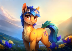 Size: 2176x1536 | Tagged: safe, ai content, derpibooru import, machine learning generated, earth pony, pony, female, flower, flower in hair, grass, looking at you, mare, outdoors, smiling, smiling at you, solo