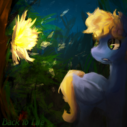 Size: 1080x1080 | Tagged: safe, artist:zelatynowy, derpibooru import, oc, oc only, oc:synthis, pegasus, pony, bioluminescent, flower, forest, frown, male, solo, song cover, stallion