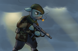 Size: 4887x3229 | Tagged: safe, artist:crazy water, derpibooru import, oc, oc:duty prince, earth pony, pony, semi-anthro, equestria at war mod, beard, beret, call of duty, captain price, cigar, clothes, crepuscular rays, facial hair, gun, hat, how do hooves work?, male, older, reference, reference to another series, resistance, scar, scarf, solo, stallion, submachinegun, suppressor, uniform, weapon, weather