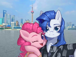 Size: 1000x750 | Tagged: safe, artist:snail 9, derpibooru import, pinkie pie, oc, oc:ray frok, earth pony, pony, canon x oc, china, clothes, couple, one eye closed, photo, shanghai, wink