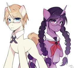 Size: 2165x1993 | Tagged: safe, artist:xiaowu07, derpibooru import, pony, unicorn, anime, byakuya togami, danganronpa, duo, duo male and female, female, glasses, male, mare, ponytail, simple background, stallion, toko fukawa, white background