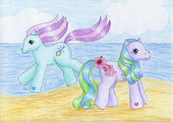 Size: 1061x753 | Tagged: safe, artist:normaleeinsane, derpibooru import, earth pony, g3, banjo blue, beach, closed mouth, cloud, duo, female, flower, hibiscus, hoof heart, mare, ocean, running, sky, smiling, standing, traditional art, tropical delight, underhoof, water, water droplet