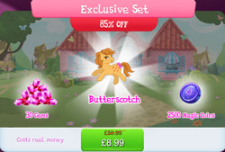 Size: 1268x858 | Tagged: safe, derpibooru import, idw, butterscotch (g1), earth pony, pony, g1, g4, bow, bundle, english, female, gameloft, gem, idw showified, magic coins, mare, mobile game, my little pony: magic princess, numbers, official, sale, solo, solo focus, tail, tail bow, text