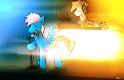 Size: 2500x1617 | Tagged: safe, artist:taps, derpibooru import, oc, oc only, oc:cyrilthewolf, oc:taps, earth pony, pegasus, pony, clothes, dj booth, duo, eyes closed, headphones, high res, male, microphone, microphone stand, necktie, shirt, singing, stallion