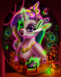 Size: 2830x3570 | Tagged: safe, artist:polnocnykot, derpibooru import, princess cadance, queen chrysalis, shining armor, alicorn, caterpillar, changeling, changeling queen, worm, apple, candle, chest fluff, cosmetics, crown, detailed, fake cadance, feather, female, fire, flower, food, glowing, glowing eyes, glowing horn, gradient background, horn, jewelry, knife, lipstick, looking at something, makeup, mare, mirror, multicolored hair, multicolored mane, necklace, open mouth, open smile, peacock feathers, pearl necklace, perfume, photo, photography, reflection, regalia, shapeshifting, smiling, solo, spider web, transformation, venus flytrap