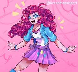 Size: 1920x1791 | Tagged: safe, artist:greenmaneheart, derpibooru import, pinkie pie, human, equestria girls, abstract background, clothes, emanata, female, open mouth, open smile, smiling, solo